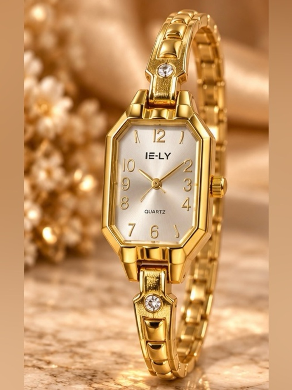 Gold Tone Rectangular Quartz Watch Rhinestone Accent Elegant Bracelet Watch